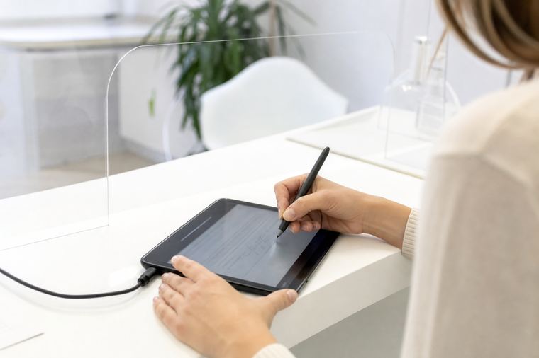 Un uomo seduto lavora al computer con le mani appoggiate sulla tastiera.